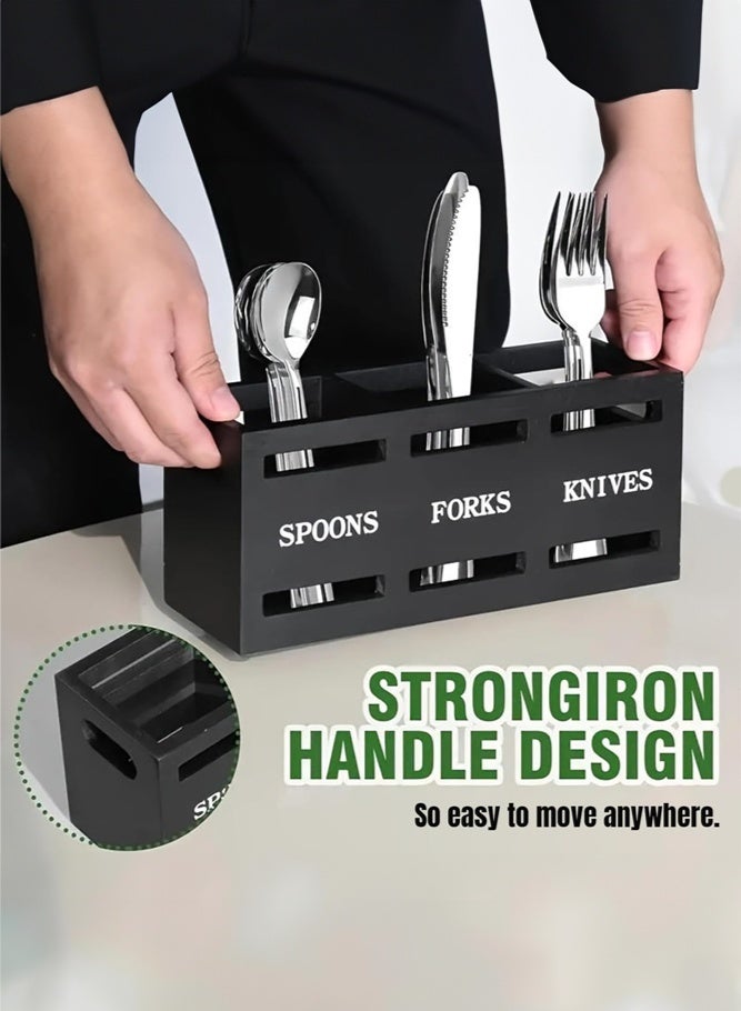 SHABILI Rustic Farmhouse Organizer Wooden Kitchen Utensil Holder Flatware Caddies, 3-Compartment Cutlery Holder Caddy for Home Cooking Scenes, Large Capacity, Handles and Stable Design for Neat Countertop Storage (Black) - Image 3